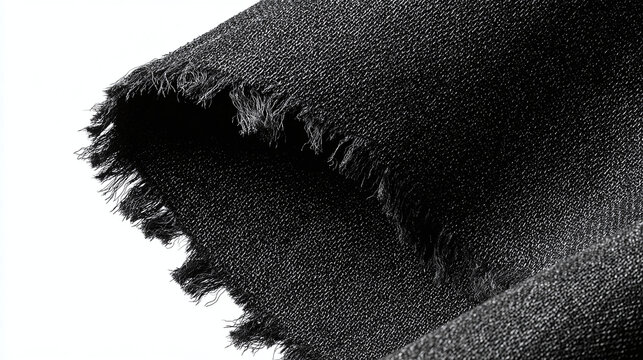 Close-up shot of a textured black fabric with frayed edges. Capturing the fabric's detail and tactile feel, with the rugged edge providing a distinct visual contrast.