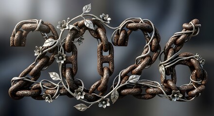 Rustic Chain Links Forming 2026 with Floral Vines, Showcasing Strength, Growth, and Hope for Upcoming New Year and Future