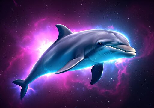 Mystical dolphin swims through cosmic nebula illustration digital art