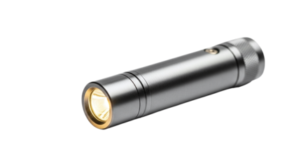 A sleek and modern silver flashlight shines brightly, , offering a portable source of light for various activities and emergencies