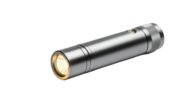 A sleek and modern silver flashlight shines brightly, , offering a portable source of light for various activities and emergencies