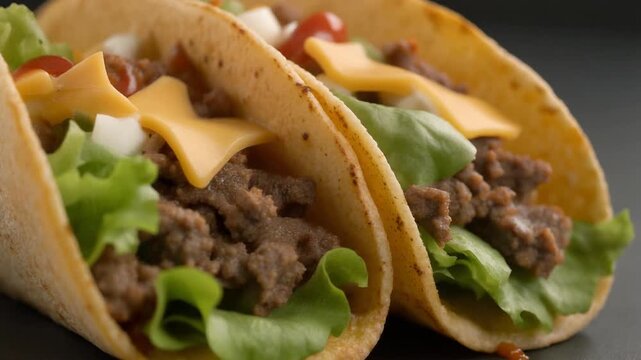 Delicious and fresh tacos filled with seasoned ground meat, crisp lettuce, and melted cheese, served in soft tortillas