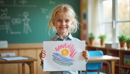  Smiling girl holding colorful drawing in classroom