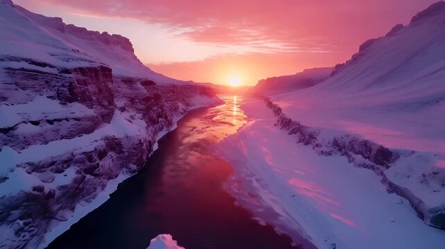 Aerial view of snowcovered mountain landscape during sunset with a river flowing through it. The sky is a gradient of pink and orange hues, suggesting the sun is either rising or setting.