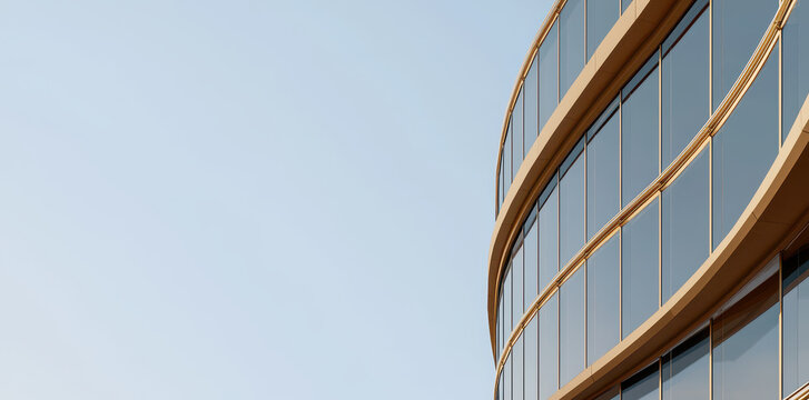 Modern architecture featuring a curved glass facade with golden frames under soft daylight. Clean, minimal, and elegant building design perfect for business, real estate, or architectural projects. - Powered by Adobe