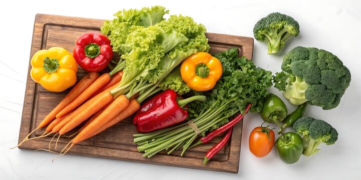 Fresh healthy organic green and red vegetables on a rustic wooden table including tomatoes, peppers, and cucumbers