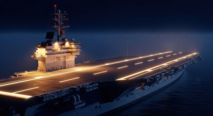 Fototapeta premium Lit aircraft carrier at night, with flight deck lights and distant ocean lights