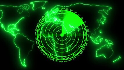 Radar screen animation on black background. High-tech radar scanner for  coordinates between countries neon world and cc ball action animation..... - Powered by Adobe