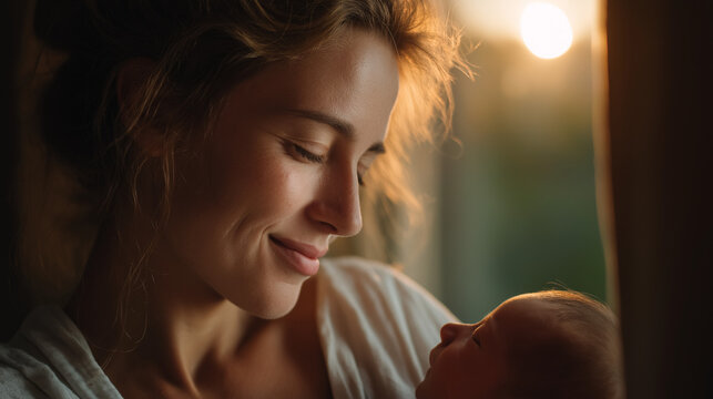 Serene bond of Mother and Child: Tender moment of a mother gazing lovingly at her newborn baby, bathed in the soft glow of the sun, radiating the warmth of maternal affection.