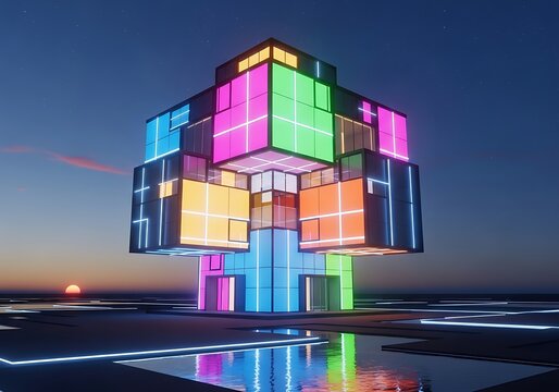 Geometric architectural marvel glowing under twilight sky digital render - Powered by Adobe