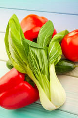 bok choy vegetable mix on wood background