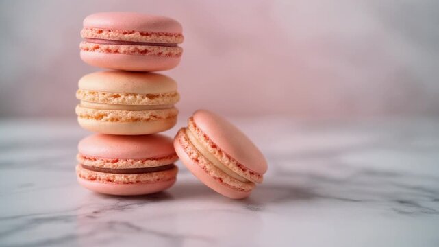 Sweet pastel pink macarons stacked on a white marble background, presenting a tempting gourmet dessert for special occasions or everyday indulgence