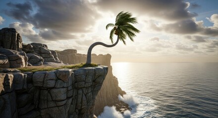 Lone palm tree atop a cliffside overlooking a vast ocean under a dramatic cloudy sky
