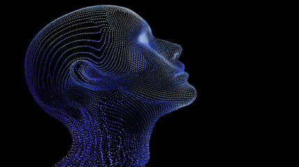 Neon dots head, digital face, wireframe portrait, abstract profile, dark background, blue glow, futuristic mood