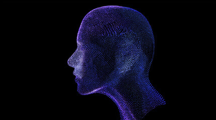 AI head profile digital face data points abstract 3D neon futuristic black background with calm mood