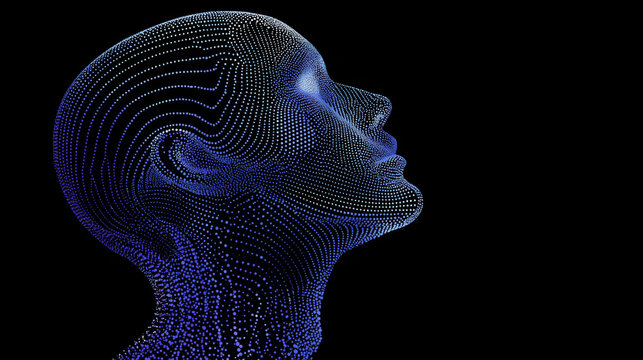 Neon dots head, digital face, wireframe portrait, abstract profile, dark background, blue glow, futuristic mood