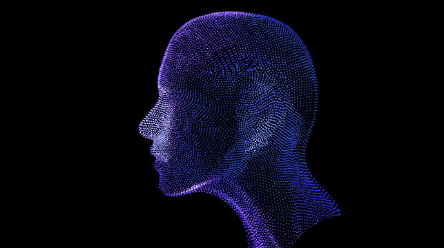 AI head profile digital face data points abstract 3D neon futuristic black background with calm mood