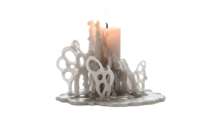A melting candle with wax dripping down the sides, , creating a unique and interesting texture and shape