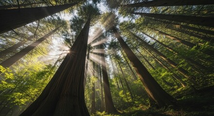 Low-angle shot of tall trees in a forest with sunlight streaming through the canopy