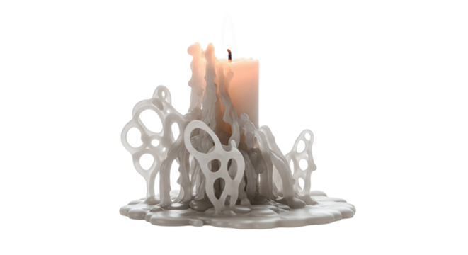 A melting candle with wax dripping down the sides, , creating a unique and interesting texture and shape