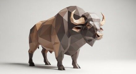 Low-poly polygonal bison rendered against a white backdrop, showcasing geometric art style