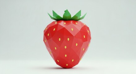 Low-poly illustration of a strawberry with green leaves. Red fruit on a white backdrop