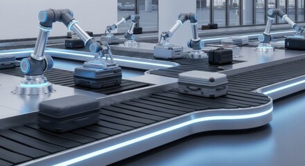 Luggage moving along automated conveyor, robotic arms assisting in manufacturing/sorting