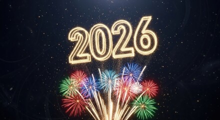 Luminous 2026 year display over colorful fireworks on a dark starry backdrop