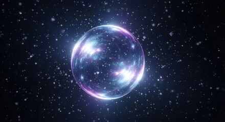 Luminous orb with cosmic swirls, surrounded by tiny specks against a dark background