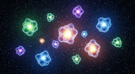 Luminous, stylized atomic structures float against a dark star-filled background