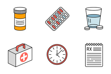 Flat vector icons for medicine and healthcare, featuring pill bottle, capsules, clock, medical bag, prescription, and checkup form.