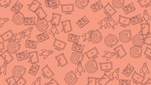 animated technology icon seamless pattern Computer, rocket, and email symbols in a playful pattern. Ideal for techrelated designs, digital communications, or modern concepts.