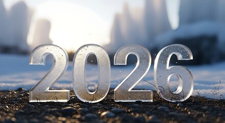 Clear glass numbers forming the year two thousand and twenty six on a rocky surface outdoors