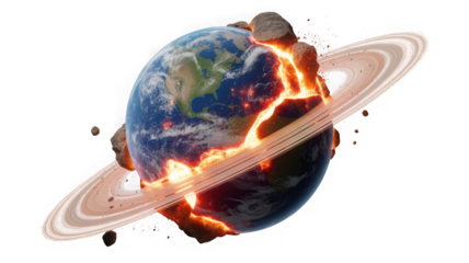  Earth exploding with lava and asteroids, ringed planet disaster isolated on transparent background