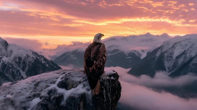A vivid portrayal of a bald eagle perched atop a snowy mountain peak during sunset. The eagles majestic plumage is highlighted by the warm hues of the setting sun.