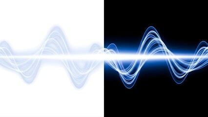 Abstract blue waveform light trails reflected on white and black backgrounds
