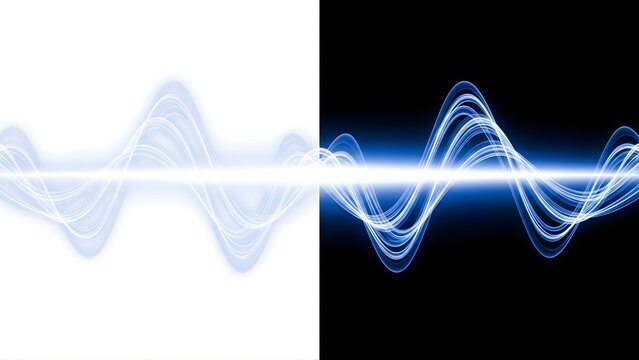 Abstract blue waveform light trails reflected on white and black backgrounds