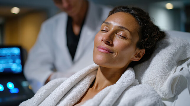 A woman enjoys a calming skincare treatment while reclining comfortably in a modern spa, showing relaxation and self-care amidst soothing surroundings and professional care. - Powered by Adobe