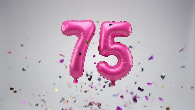 Pink balloon number 75 for birthday or anniversary party. White background with falling confetti