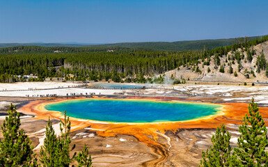 High-angle scenic view of the Grand Prismatic Spring in Yellowstone National Park. Tourists are visible on the boardwalk. The spring steams with vibrant blue, orange, and yellow colors