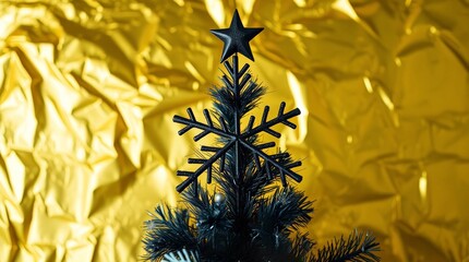 Striking Black Christmas Tree on Vibrant Crumpled Gold Background. Modern Luxury Holiday Greeting Card_9