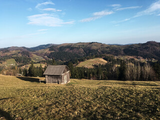 Beautiful amazing natural landscape in the mountains of Ukraine. Travel the world, discover wild locations. Protect the environment. Sunrise on top. Young wedding couple in love walking in nature