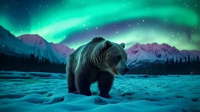 A vivid portrayal of a bear under the aurora borealis, set against a backdrop of snowcovered mountains and a clear sky. The bear is captured in a side profile.