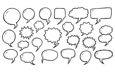 Hand Drawn Speech Bubbles Collection, Comic Style, Isolated on White Background