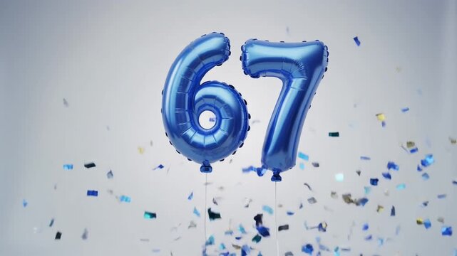 Blue balloon number 67 for birthday or anniversary party. White background with falling confetti