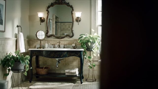 Well-lit bathroom with a dark green bathtub, ornate mirror, plants, and vanity sink on tiled floor