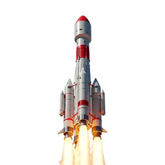 Powerful multi stage rocket launching into space with bright fiery exhaust plumes isolated on transparent background
