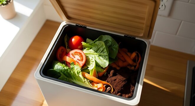 Fresh Vegetable Compost Bin with Lettuce Tomatoes Carrots and Soil in Modern Kitchen