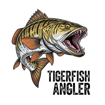 Tigerfish fishing as a logo print design on various media such as t-shirts, mugs, hats, tote bags, etc. for various events related to fishing hobbies, vintage cartoon flat design illustrations

