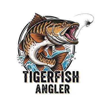 Tigerfish fishing as a logo print design on various media such as t-shirts, mugs, hats, tote bags, etc. for various events related to fishing hobbies, vintage cartoon flat design illustrations
